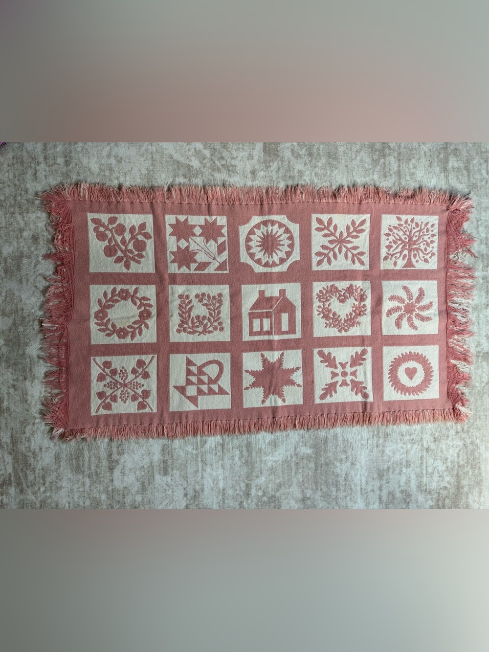Vintage Pink Folk Art Woven Throw Rug Fringed Cottagecore 26x42 As Is Repair